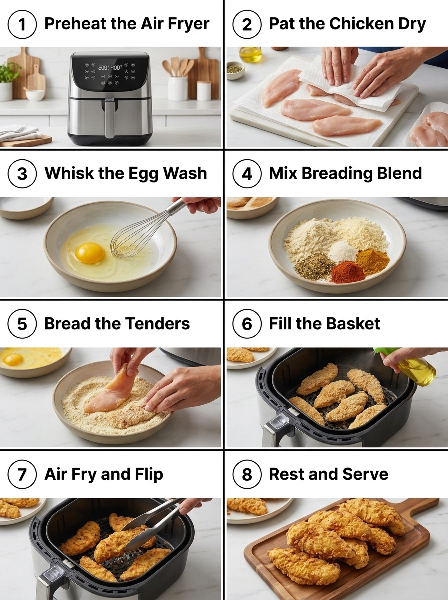 visual step by step cooking guide collage for crispy air fryer parmesan chicken tenders