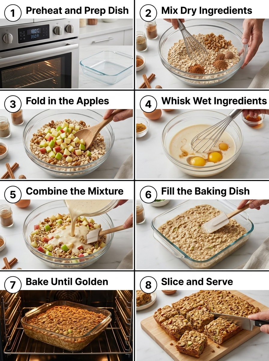 visual step by step cooking guide collage for healthy baked oatmeal with apples and walnuts