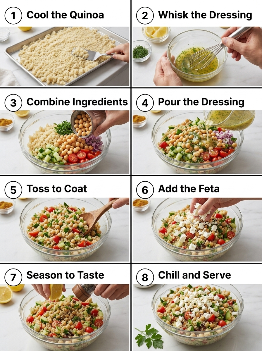 visual step by step cooking guide collage for Mediterranean quinoa chickpea power salad