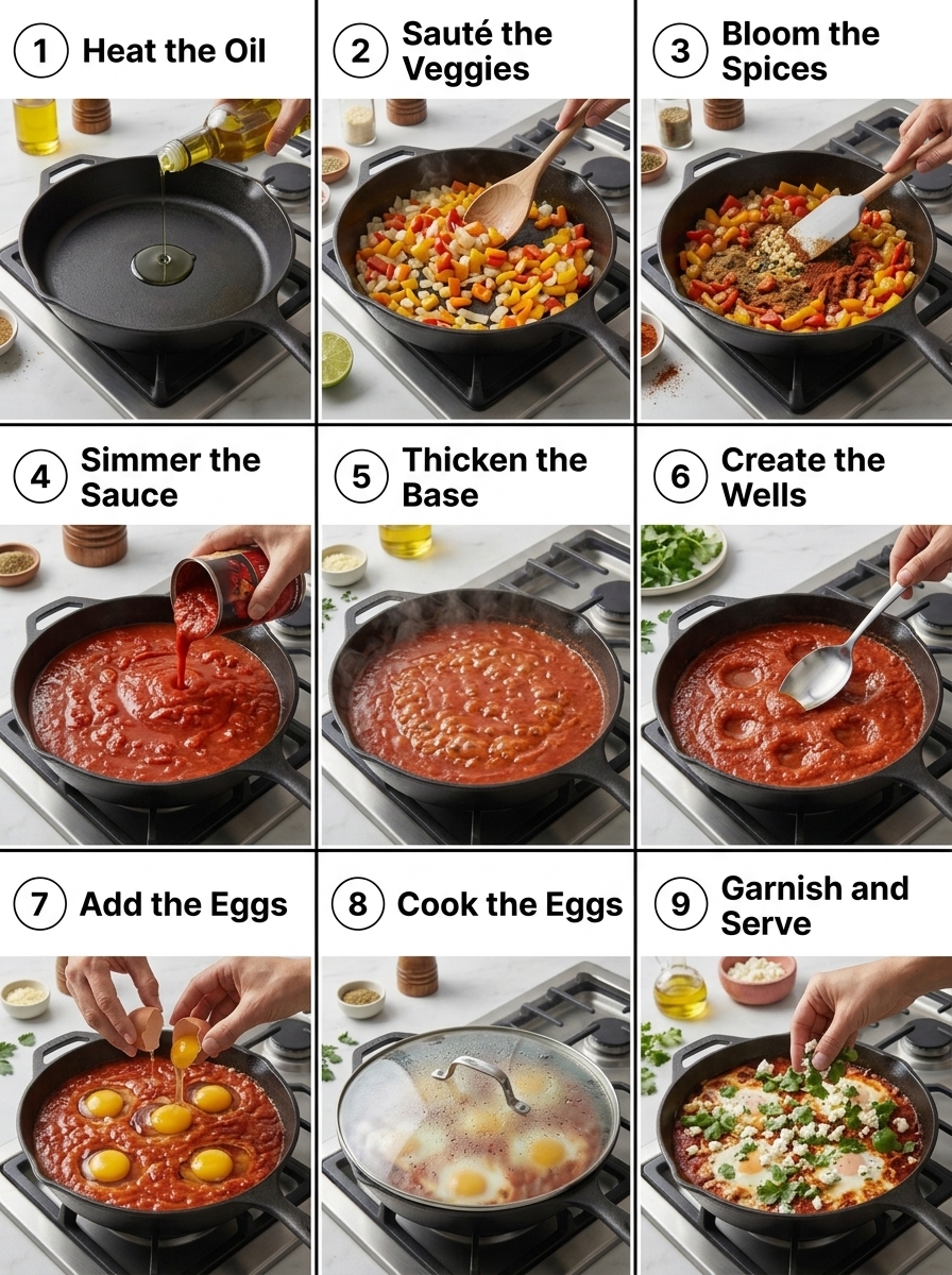 visual step by step cooking guide collage for one-skillet classic healthy shakshuka with poached eggs