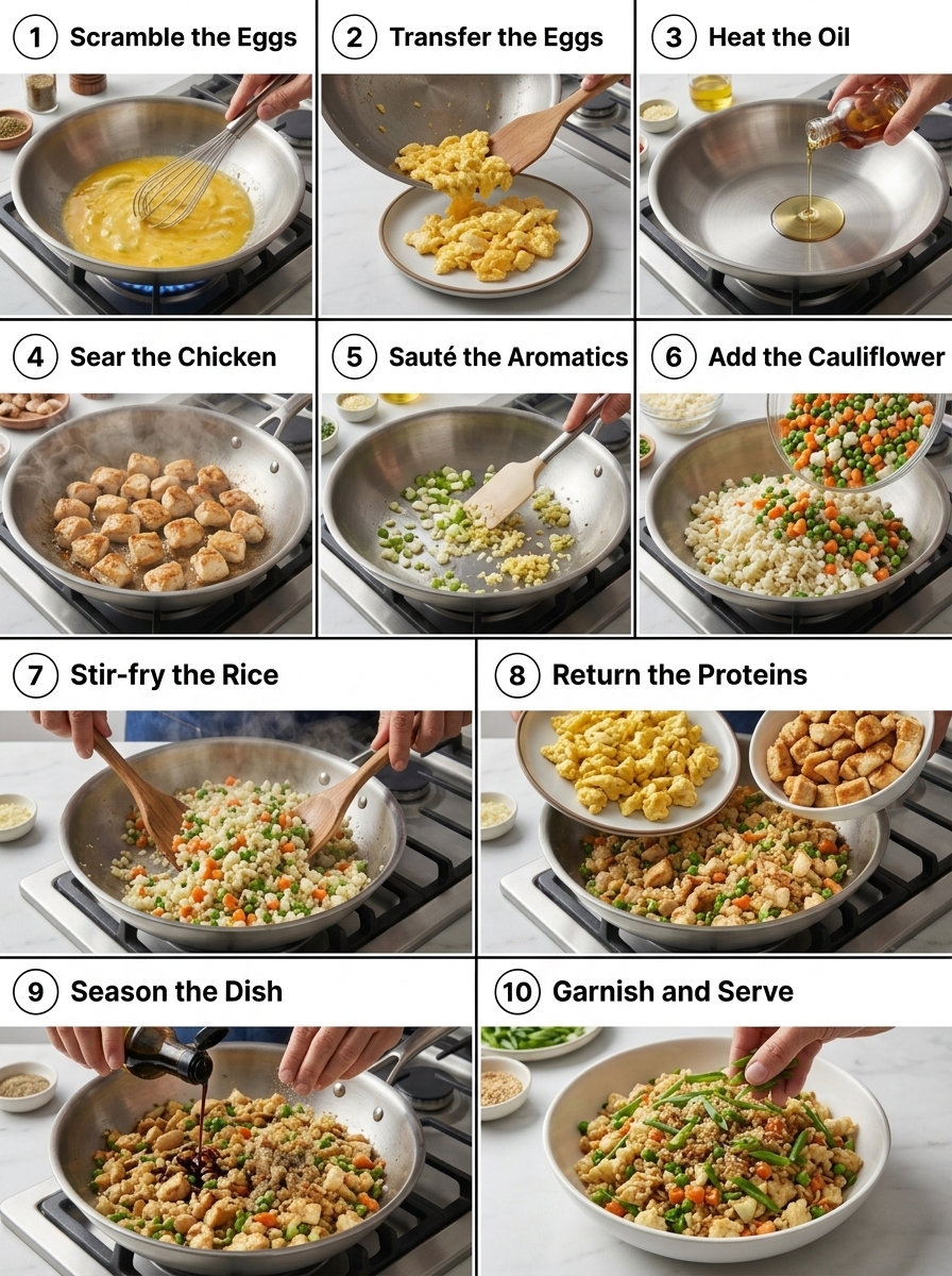 visual step by step cooking guide collage for 20-minute low carb cauliflower chicken fried rice