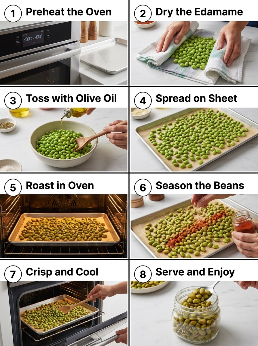 visual step by step cooking guide collage for crunchy high protein roasted edamame snacks