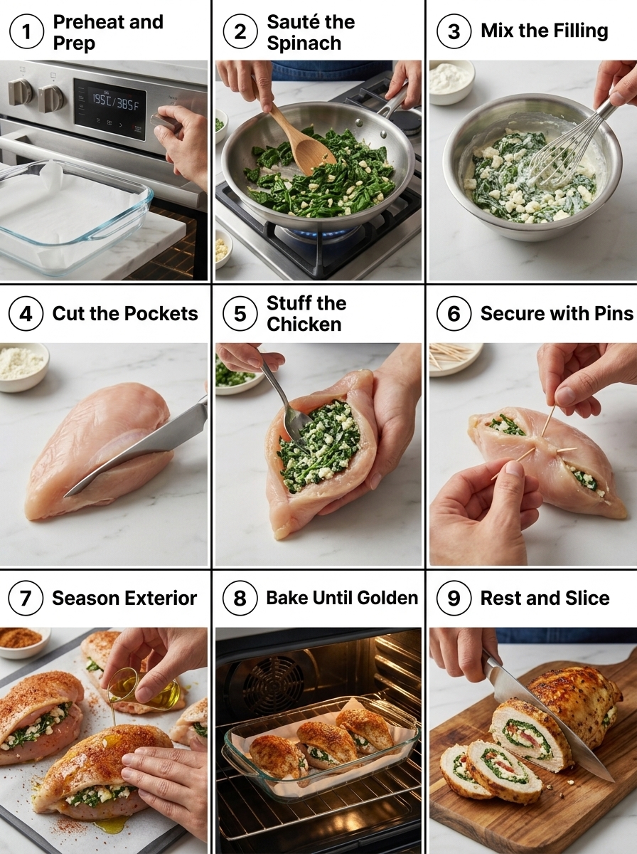 visual step by step cooking guide collage for tender baked spinach and feta stuffed chicken breast
