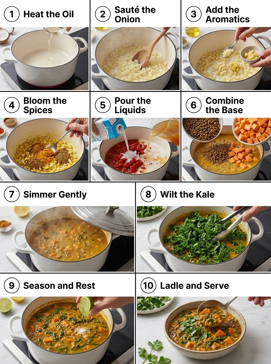 visual step by step cooking guide collage for plant-based lentil and sweet potato coconut curry