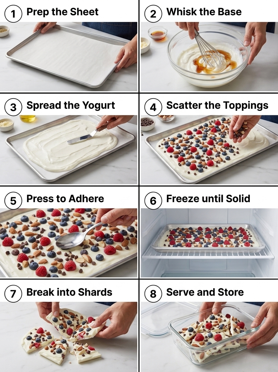 visual step by step cooking guide collage for easy healthy Greek yogurt berry frozen bark