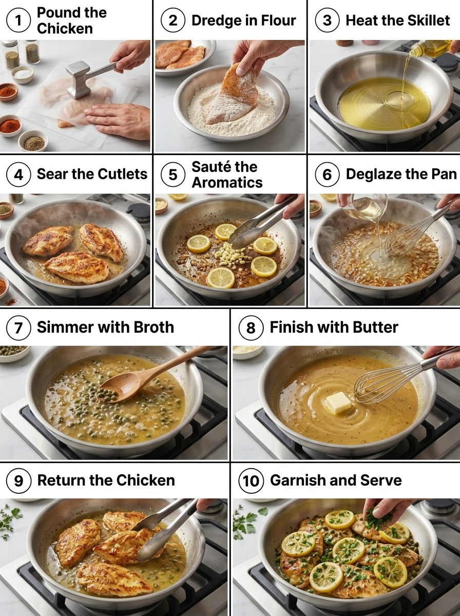 visual step by step cooking guide collage for light healthy chicken piccata with capers and lemon