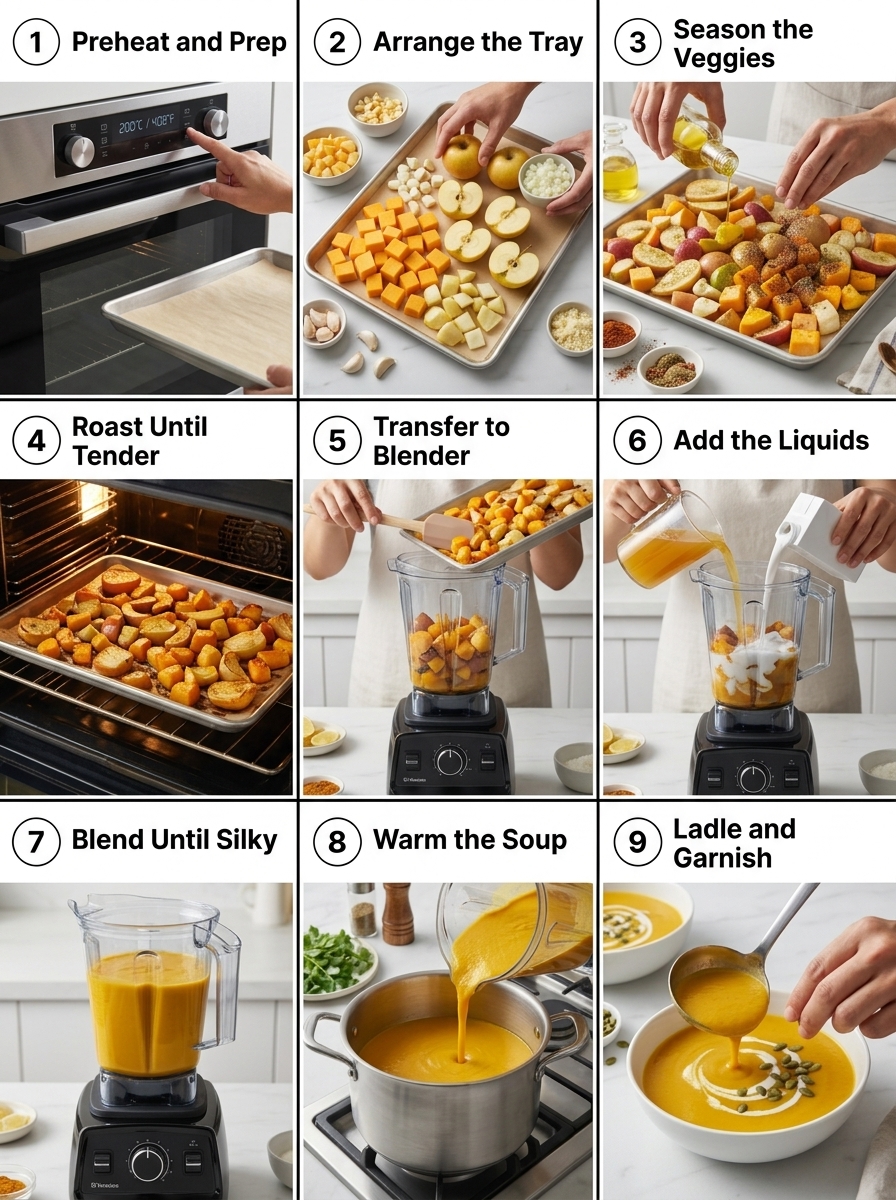 visual step by step cooking guide collage for comforting warm roasted butternut squash soup