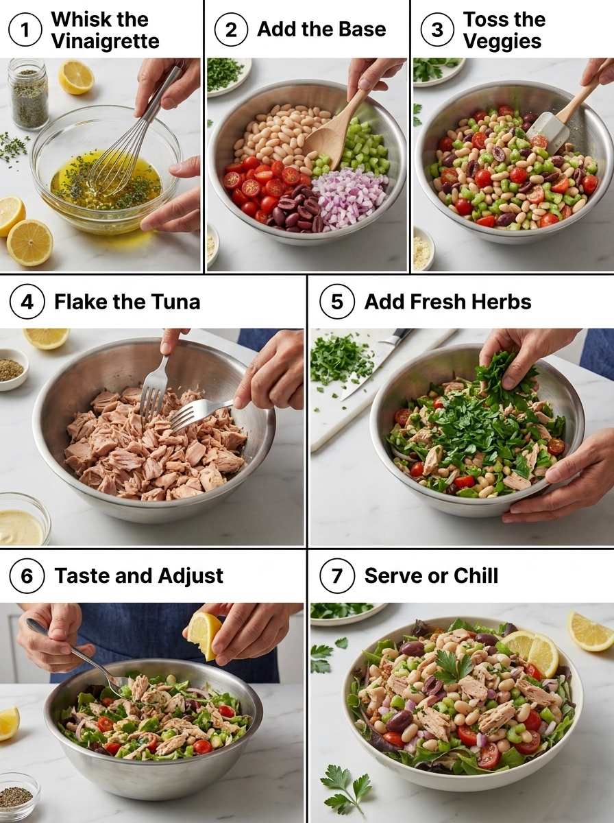 visual step by step cooking guide collage for no-cook Mediterranean tuna and white bean salad