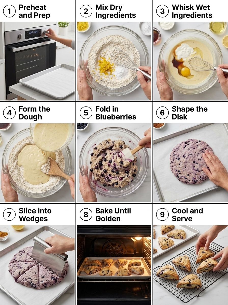 visual step by step cooking guide collage for healthy blueberry lemon oat flour scones