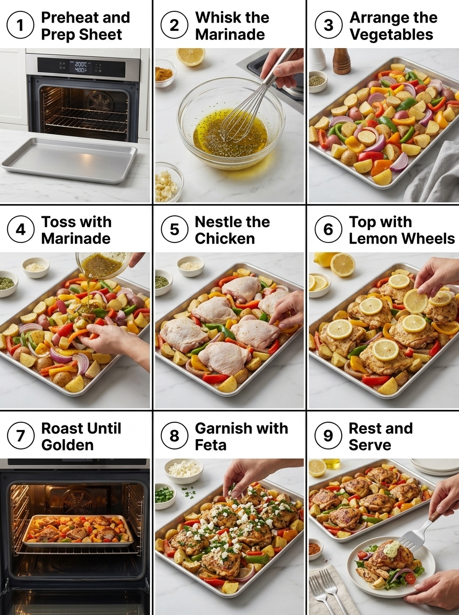 visual step by step cooking guide collage for Greek lemon herb chicken with roasted potatoes