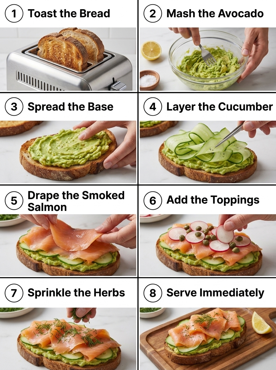 visual step by step cooking guide collage for gourmet smoked salmon and avocado toast on rye