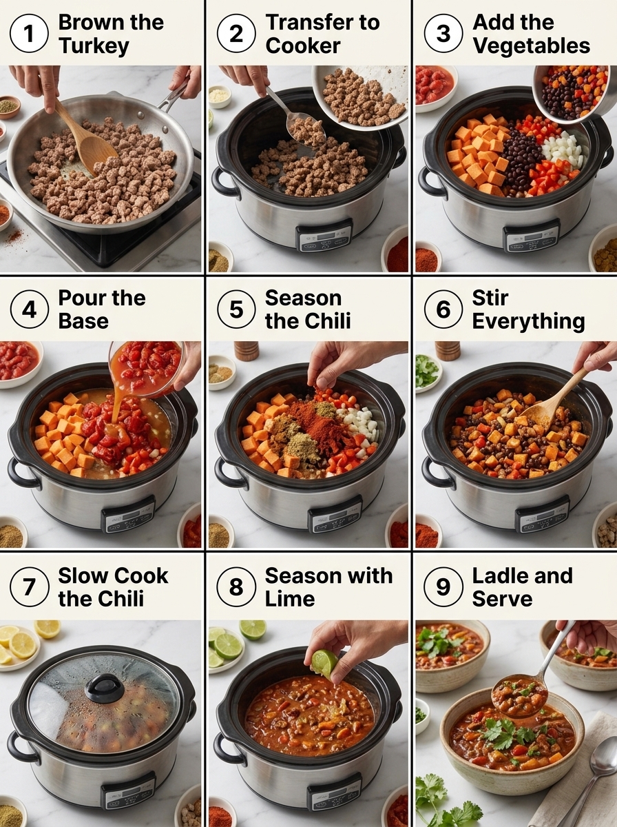 visual step by step cooking guide collage for healthy slow cooker turkey sweet potato chili