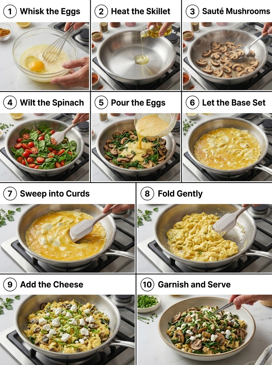 visual step by step cooking guide collage for quick high protein egg white and veggie scramble