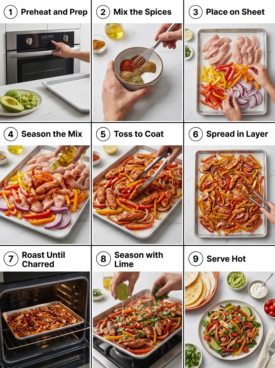 visual step by step cooking guide collage for 25-minute easy sheet pan chicken fajitas