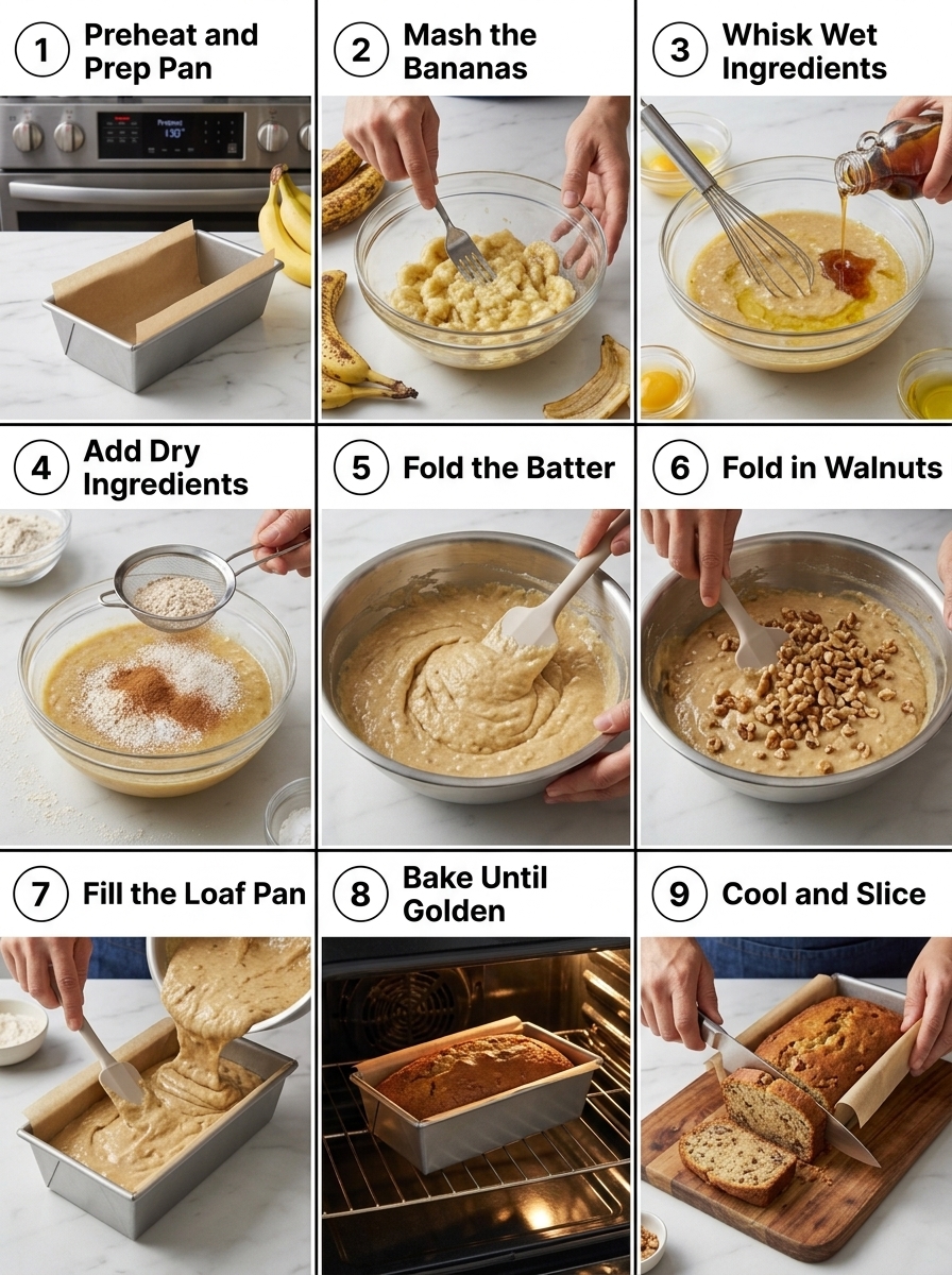 visual step by step cooking guide collage for healthy homemade banana bread with walnuts