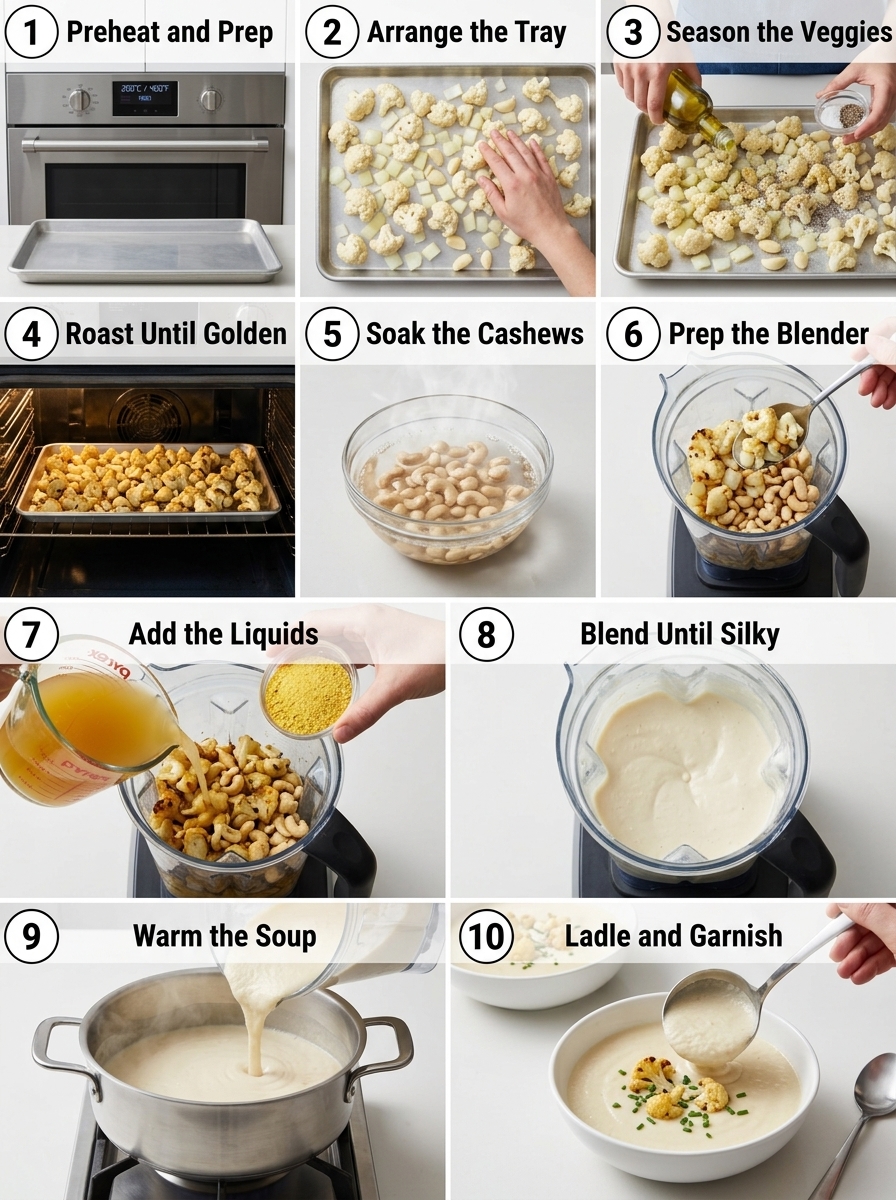 visual step by step cooking guide collage for creamy dairy-free roasted cauliflower soup