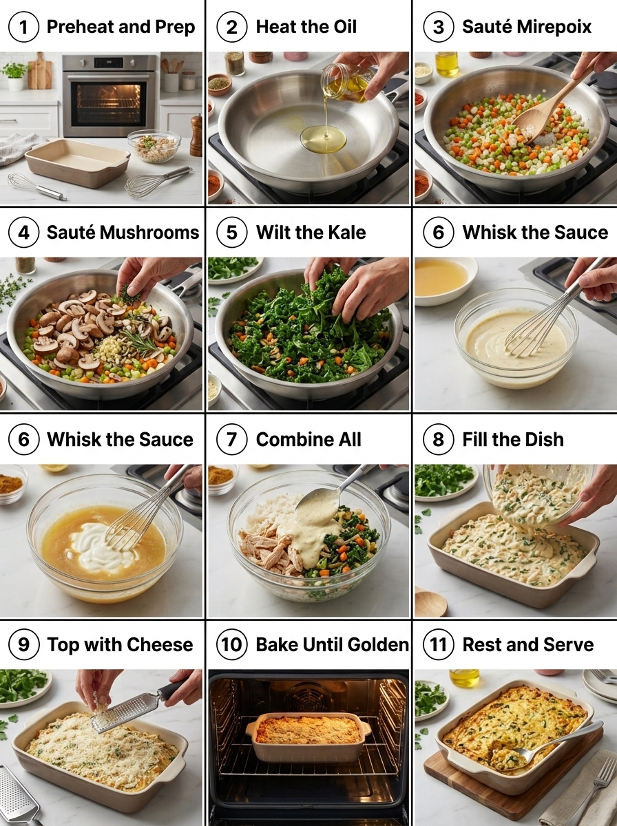 visual step by step cooking guide collage for hearty wholesome chicken and wild rice casserole