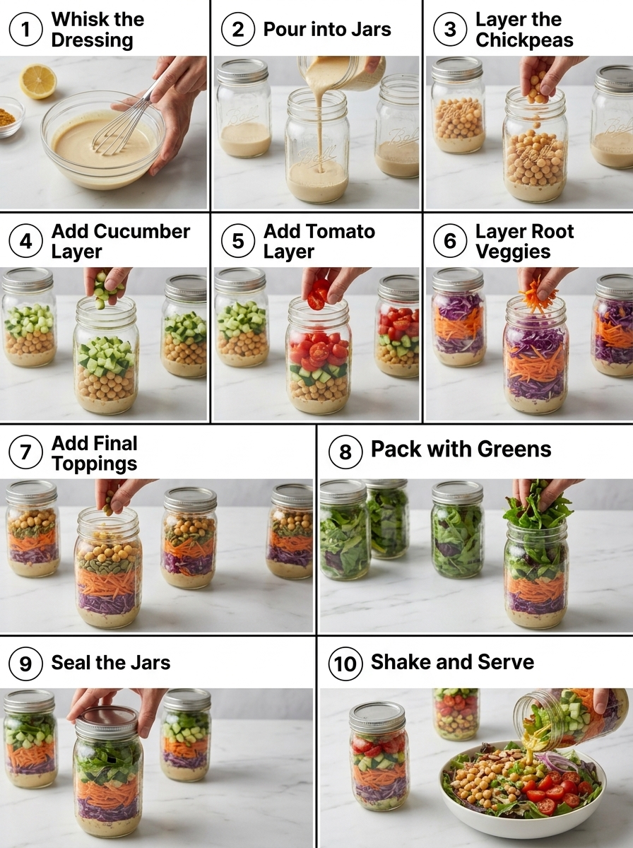 visual step by step cooking guide collage for meal prep rainbow mason jar salad with chickpeas
